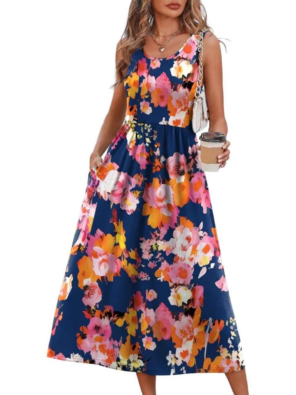 Women's Midi Dresses Pink Navy Print Scoop Neck Sleeveless Summer Casual Comfort